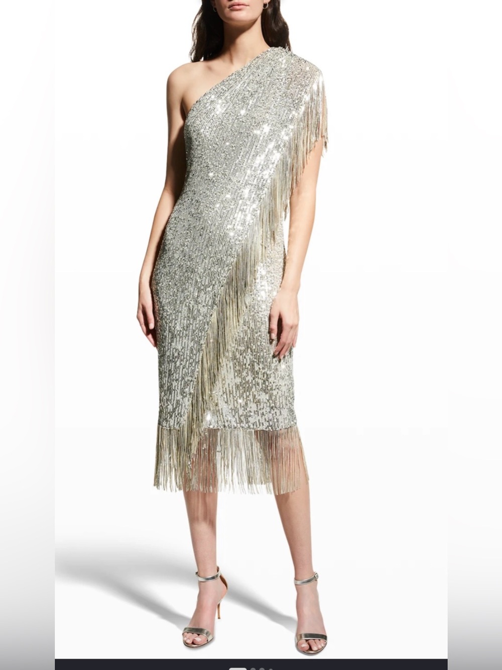 Badgley Mischka Silver Sequin One-Shoulder Fringe Midi Dress